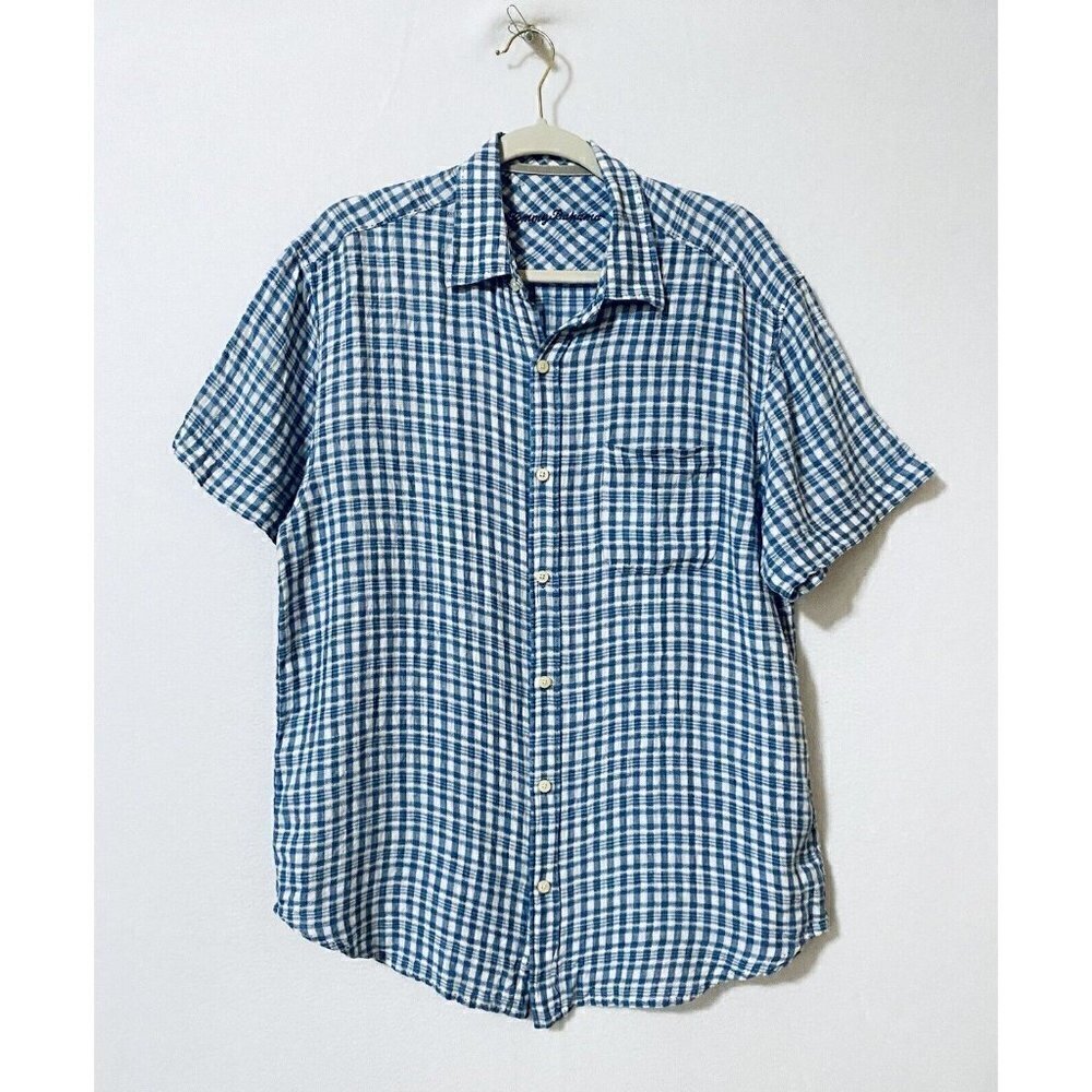 Tommy Bahama Mens Medium M Blue Plaid Short Sleeve Button Up Shirt Linen